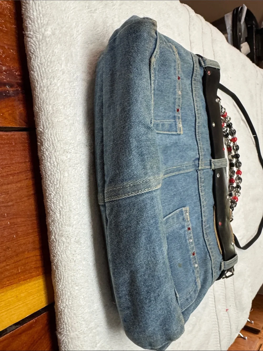 Vintage Rustic Faded Denim Ladybug Shoulder Bag with Beaded Strap. Rare to Find - Picture 7 of 9